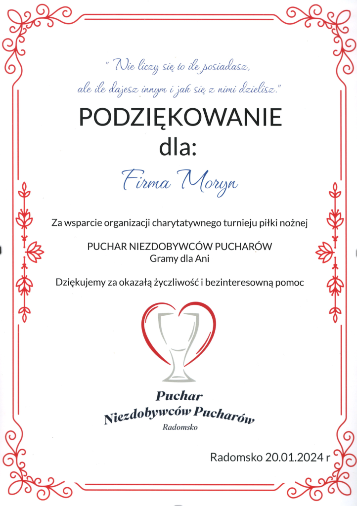 Podziękowanie dla Firmy Moryn za wsparcie turnieju „Gramy dla Ani”; treść dostępna poniżej.