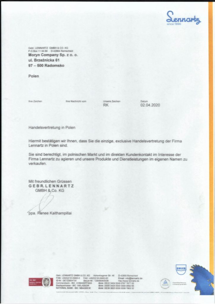Pismo Gebr. Lennartz potwierdzające przedstawicielstwo handlowe Moryn Company w Polsce; dokument w języku niemieckim.