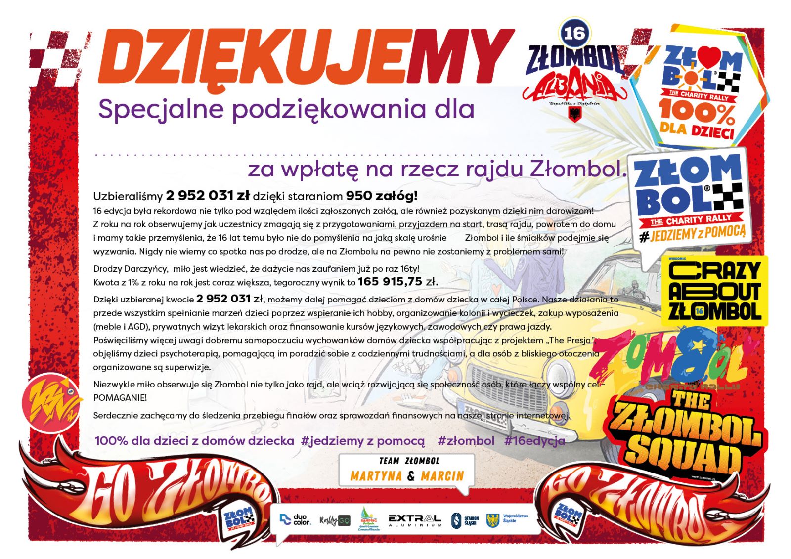 Podziękowanie organizatorów 16. edycji rajdu Złombol za wsparcie dzieci z domów dziecka; treść dostępna poniżej.